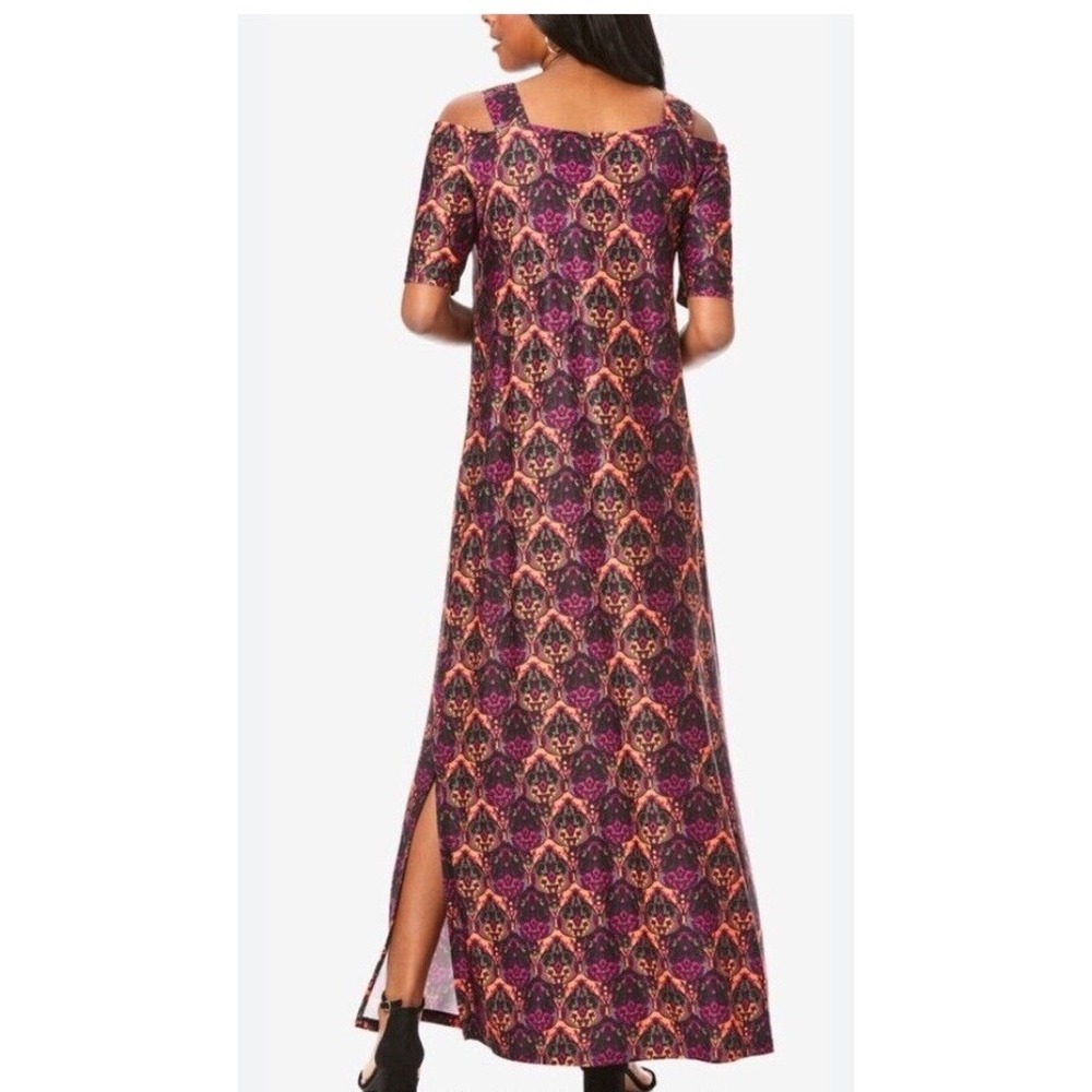 Roamans Floral Cold Shoulder Long Maxi Dress Womens Size 18/20 Stretch Slit